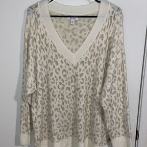 Nine West Sweater White Leopard V Neck Metallic Long Sleeve Size: XXL